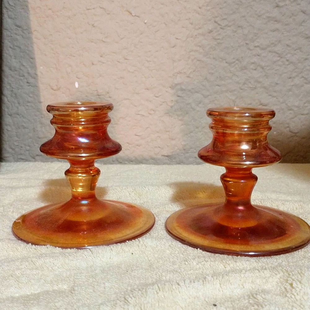 SOLD Vintage Depression Glass Amber Candlestick holders set of 2 - Picture 1 of 8